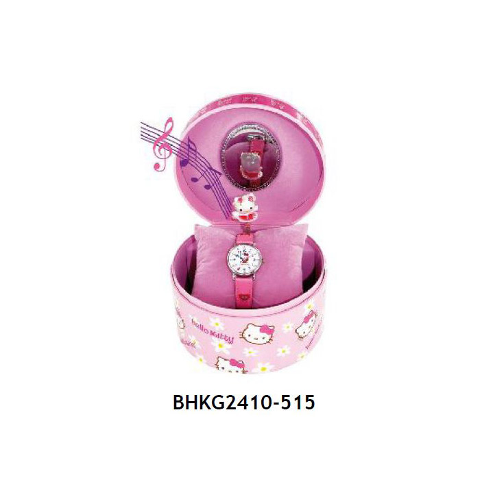 music heart box hello kitty ρολόι από ανοξείδωτο ατσάλι με ρoζ δερμάτινο λουράκι