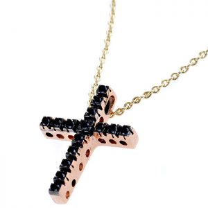 Ροζ χρυσό σταυρός με μαύρα διαμάντια - Online eshop stefana-gamou.gr